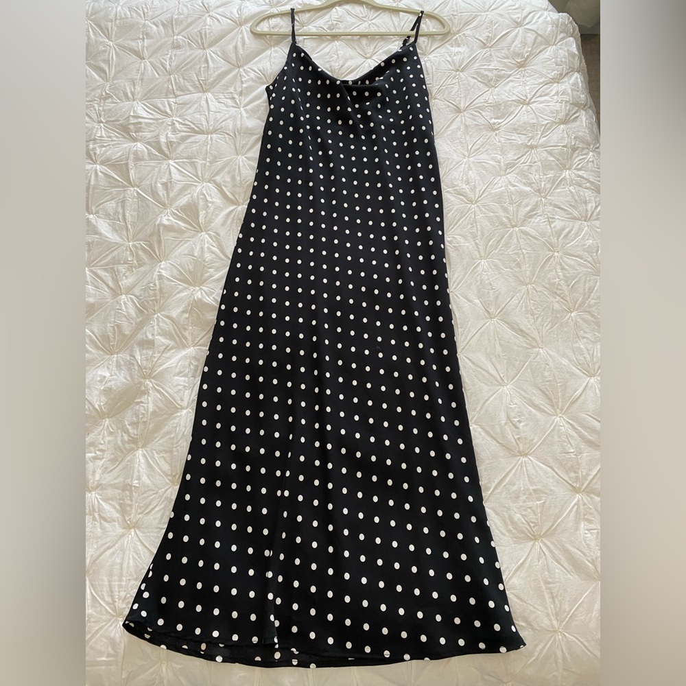 Cowl neck silky dress navy polka dots